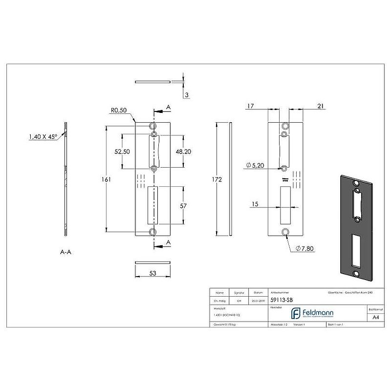 Platine de gâche acier inoxydable 172x53x3,0mm, avec entraxe 72mm, V2A