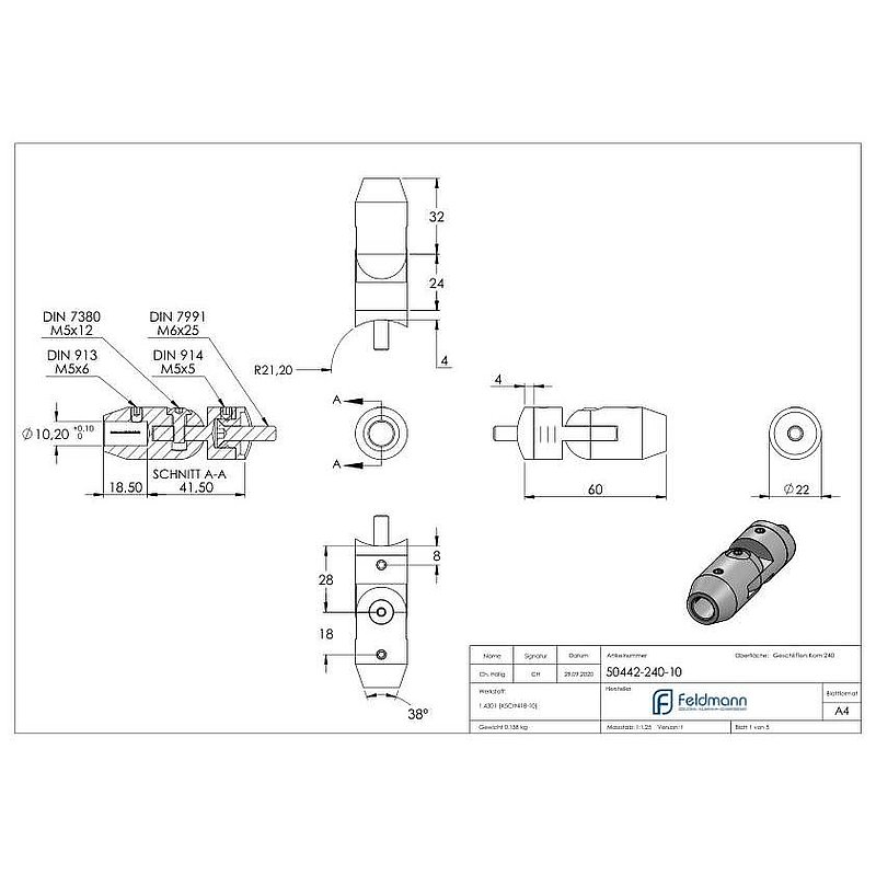 Support de lisse transversale + articulation à insérer en extr., p. tube 42,4mm, perçage 10,2mm, V2A