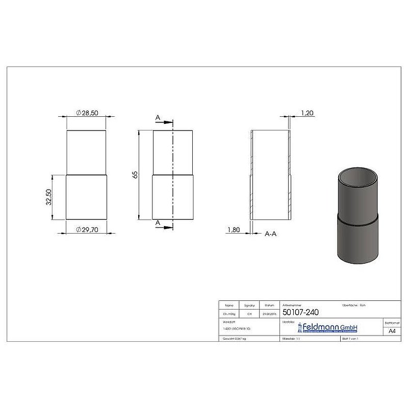 Connecting piece from 33.7x2.5mm to 33.7x2.0mm, AISI304
