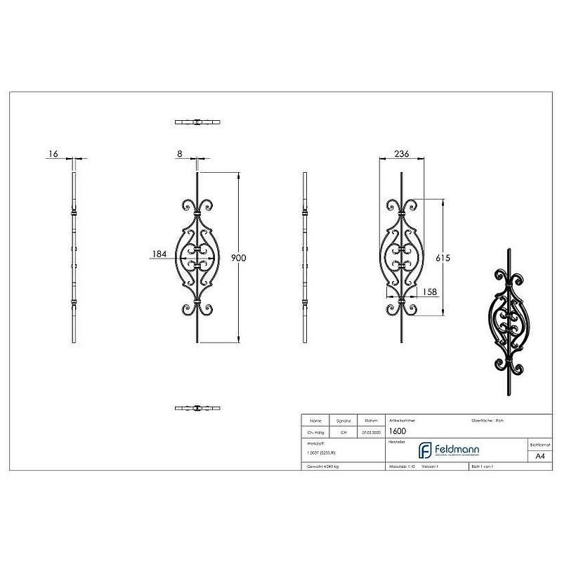 Zierstab 16x8mm, gerillt, Barock, H: 900mm