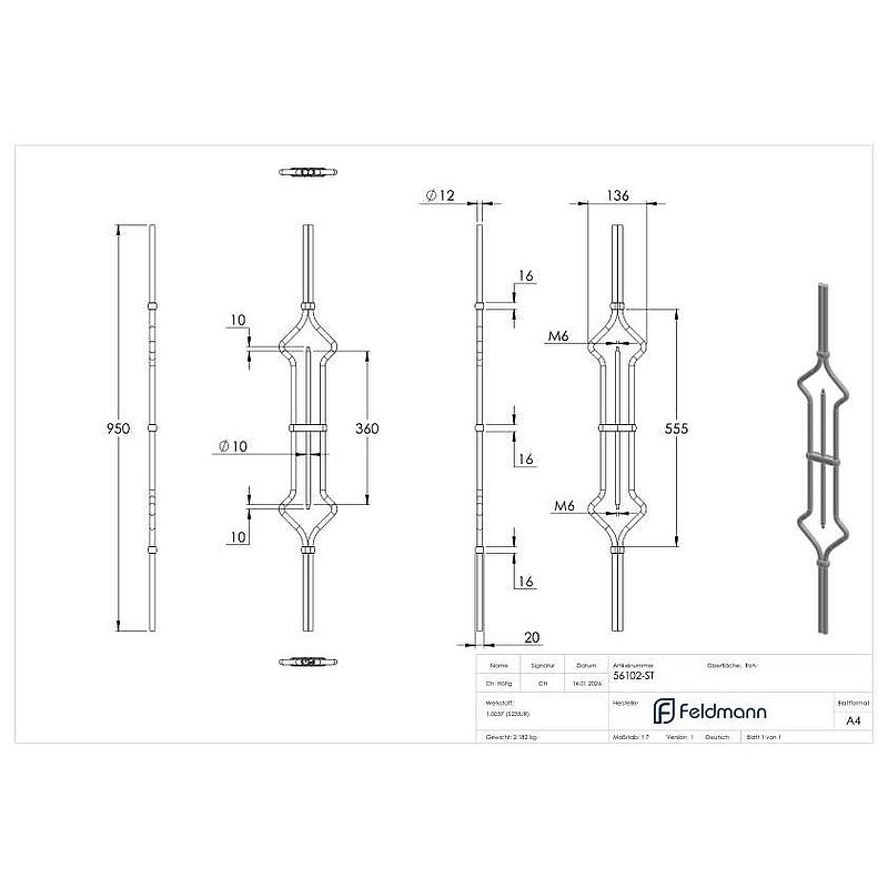 Designstab Ø 12mm, H: 950mm, für 2x Kugel 25mm