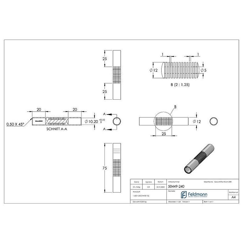 Round bar connector (for bending), for 10mm round, AISI304