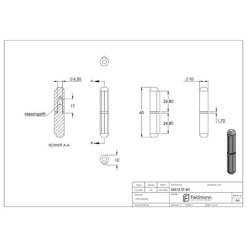 Anschweißband mit Messingring und -stift, Länge: 60mm