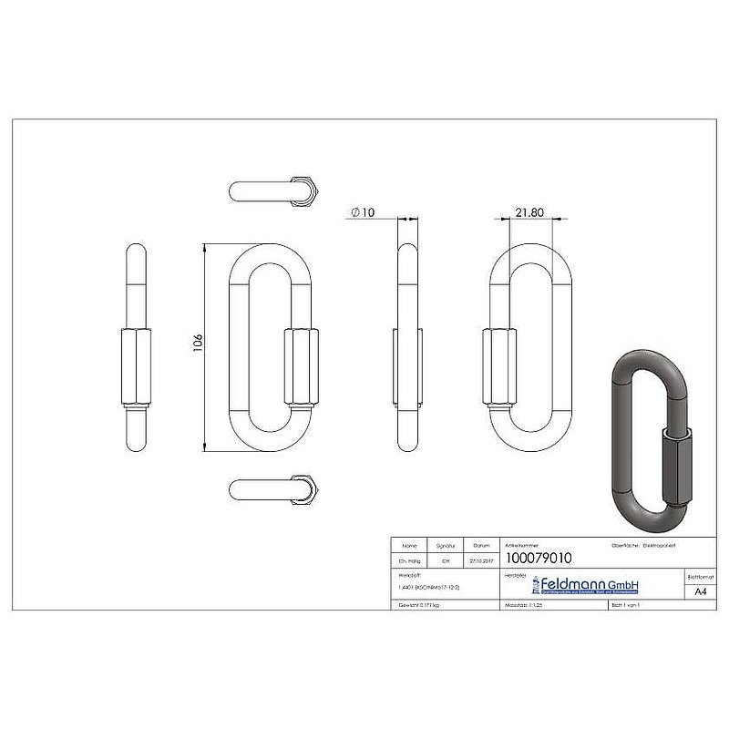 Screw connector, long, 10mm, AISI316