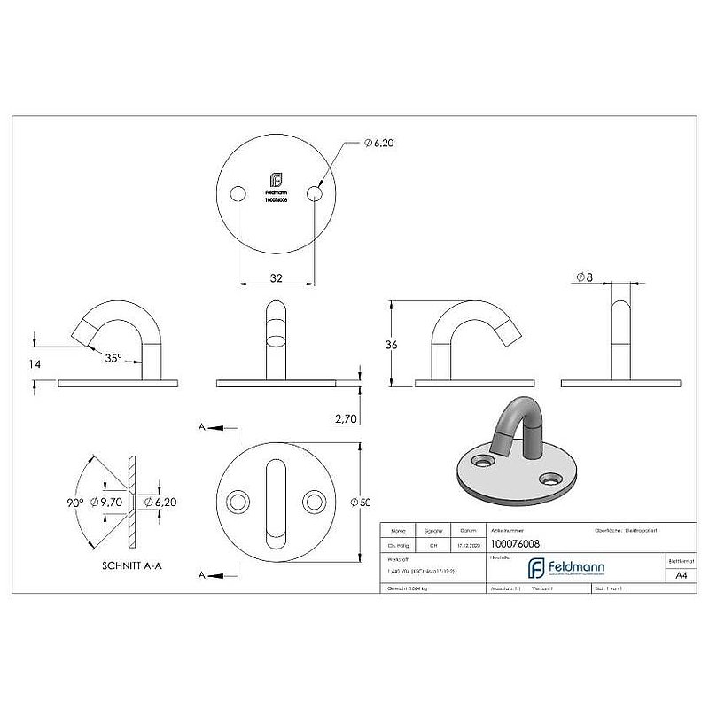 Fixing eye/hook with round plate AISI316