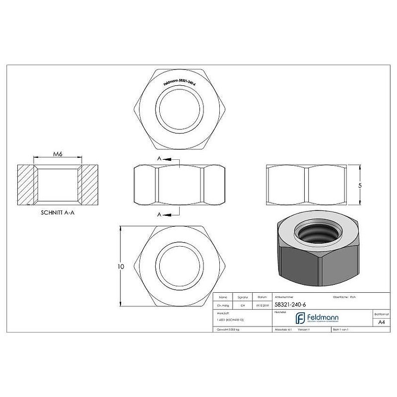 Hexagon nut M6, DIN 934, AISI304