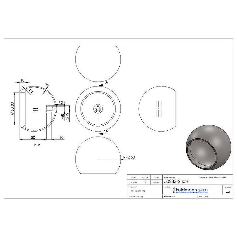 Rohrabschlusskugel hohl für 60,3mm Rohr, mit M8