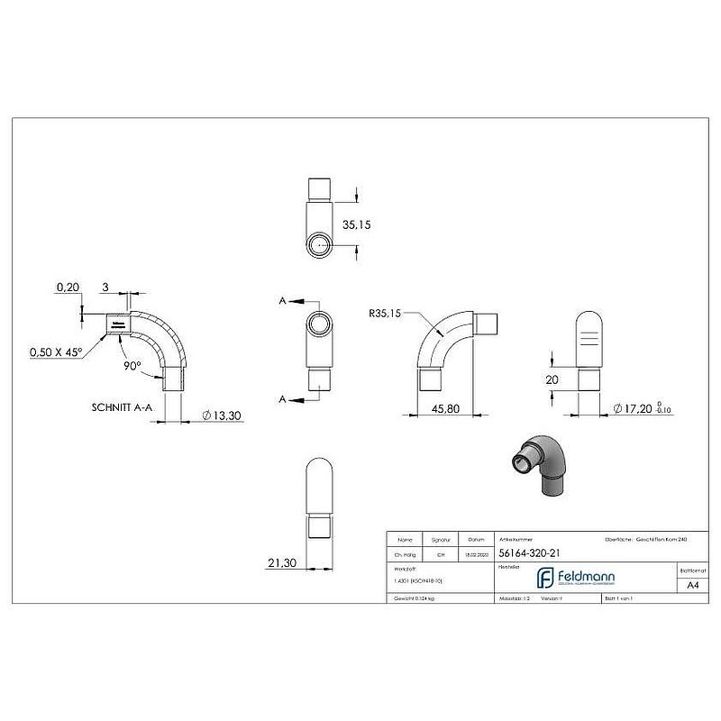 Rohrbogen 90°, für Rohr 21,3x2,0mm, V2A