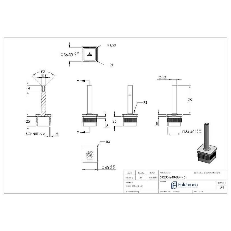 Stopfen mit Stift für Rohr 40 x 40 x 2,0mm, Höhe 80mm, mit M6 Innengewinde