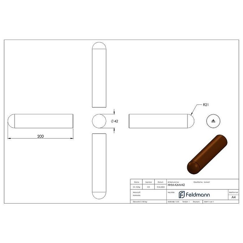 wooden handrail kambala Ø 42mm, length 200mm, laquered
