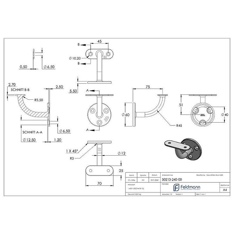 Handrail bracket with flat handrail connection plate (round plate and bracket welded), AISI304