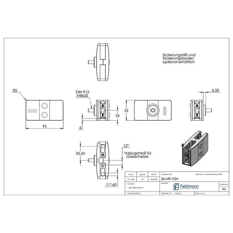 Privacy screen centre glass clamp mod. 26, AISI304