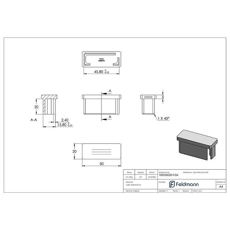 Capuchon à enfoncer, pour tube 50x20x2,0mm, V2A