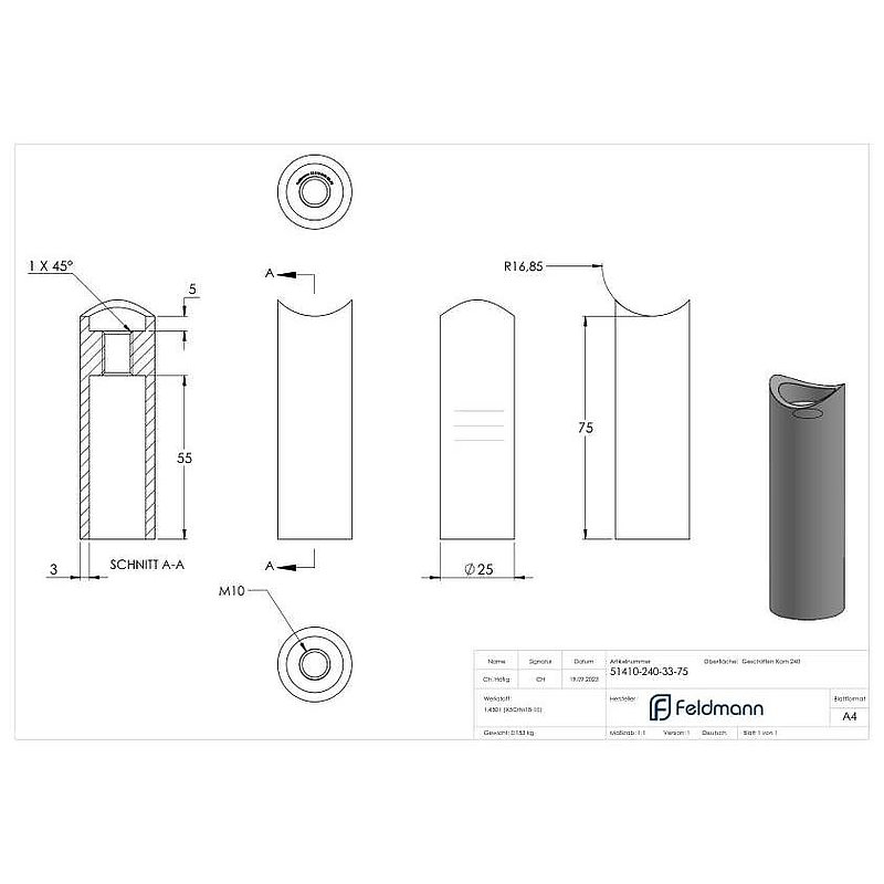 Wandhalter für Rohr 33,7mm, L: 75mm, V2A