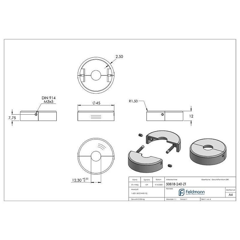 Rosace de recouvrement, 45x12mm, perçage Ø 12.5mm, en deux parties, V2A
