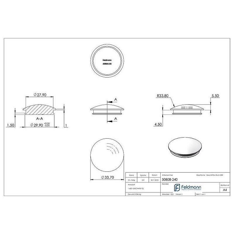Tube end plug, for tube 33.7x2.0mm, AISI304