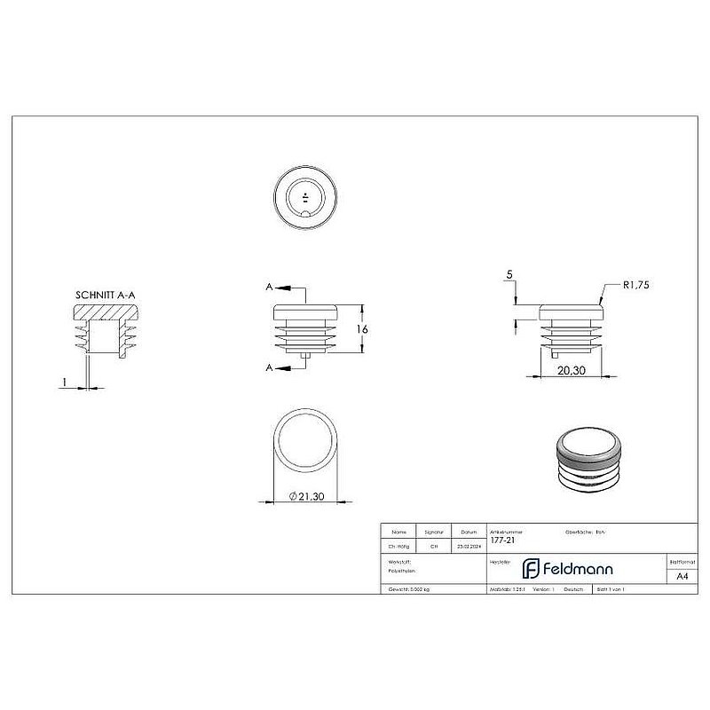 Kunststoffkappe für Rundrohr 21,3mm