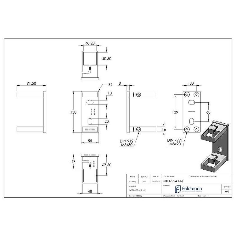 Wall mounting for posts 40x40mm, AISI304