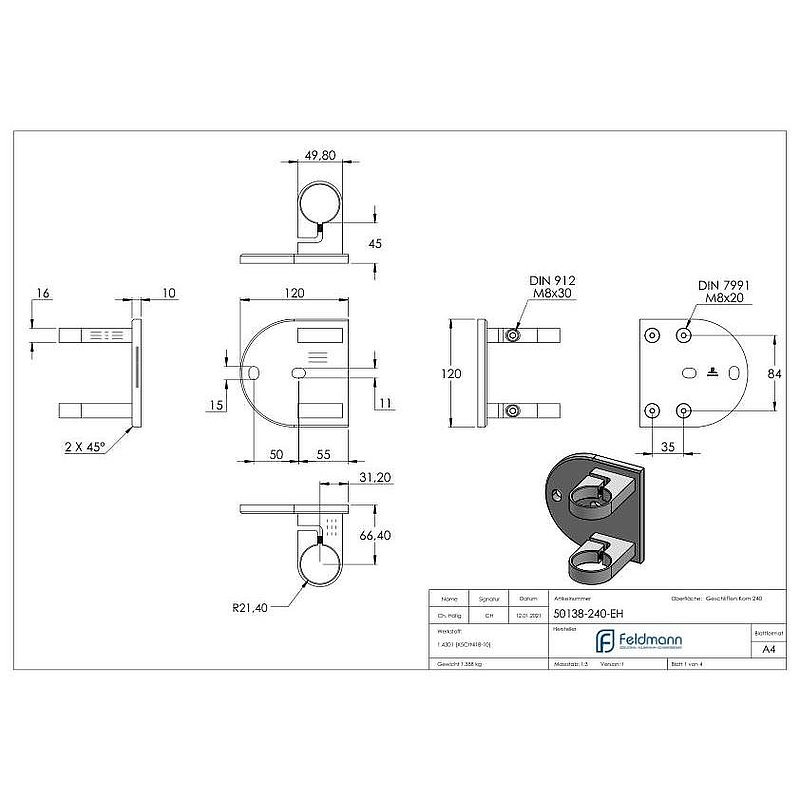 End bracket for railing posts 42.4mm, AISI304