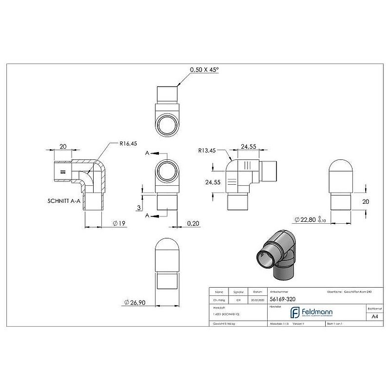 Tube coudé à 90° étroit, pour tube Ø 26,9x2,0mm, V2A