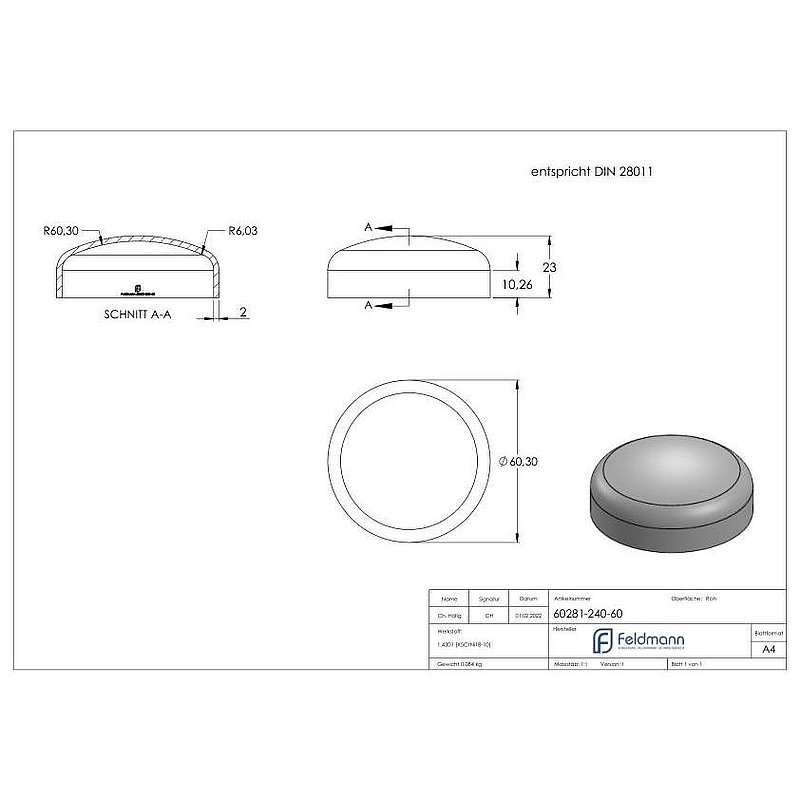 Fond bombé 60,3x2,0mm, DIN 28011, V2A