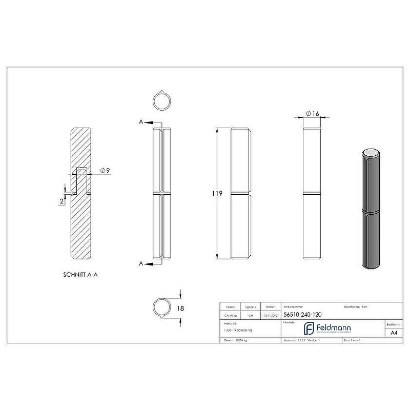 Weld-on strap, L: 120mm, with fixed pin, AISI304