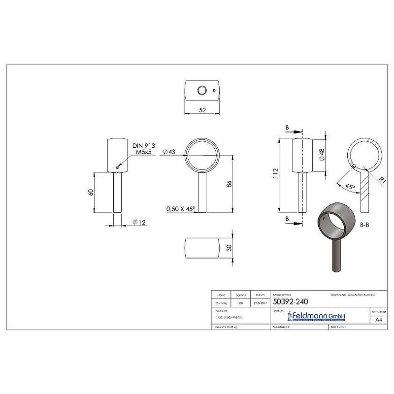 Handrail support ring for 42.4 mm tube, AISI304