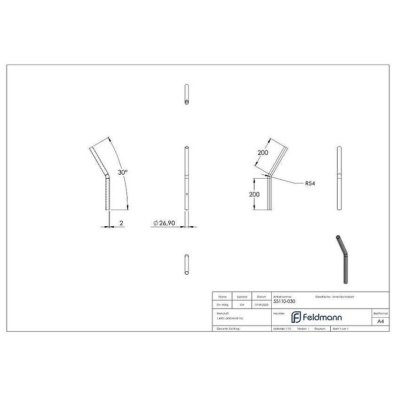 Tube bend 30°, made from 26.9x2.0 mm tube, AISI304