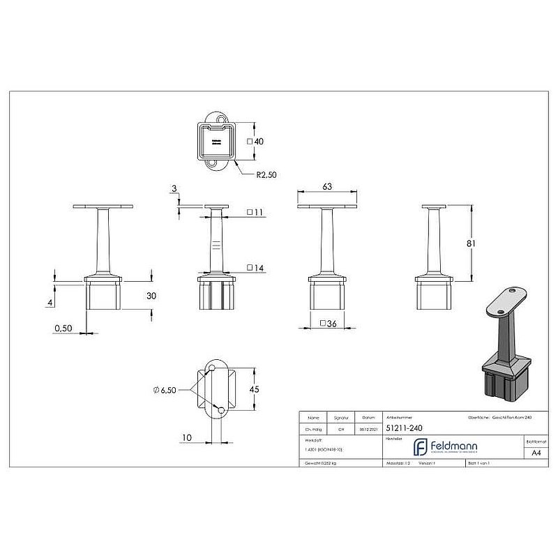 Rohrabschlussstopfen mit Stift für Rohr 40x40x2mm, V2A