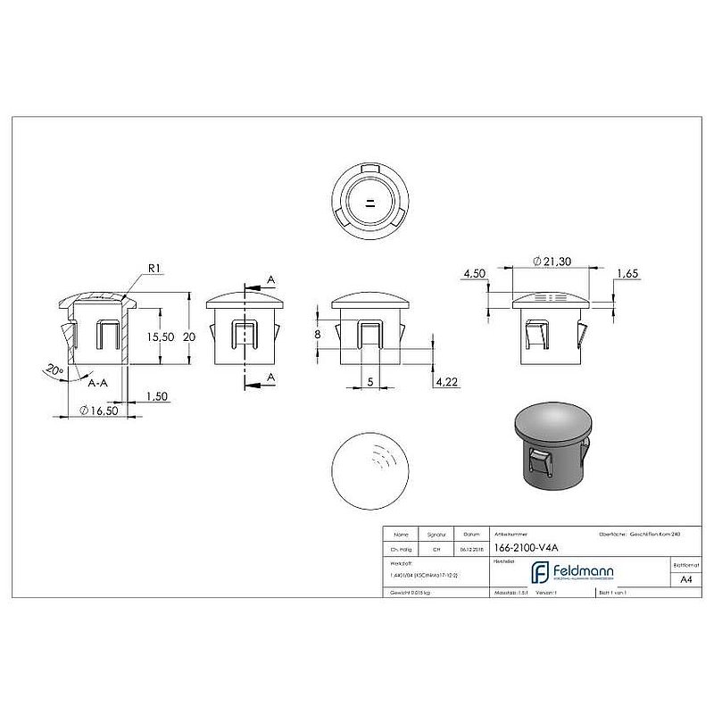 Bouchon pour extrémité de tube, pour tube 21,3x1,6 - 2,0mm, V4A