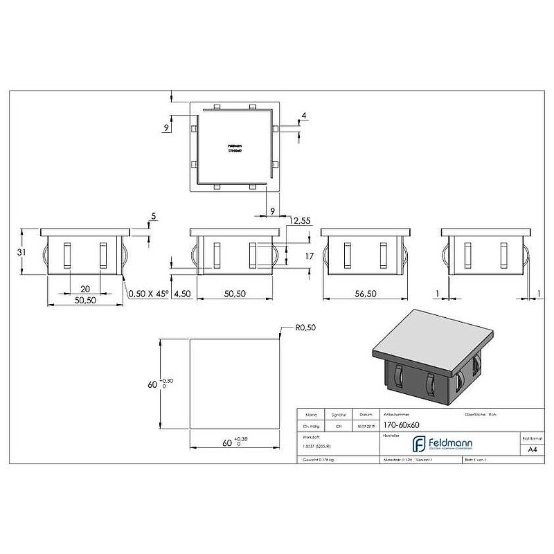 Bouchon en acier, pour tube carré 60x60mm