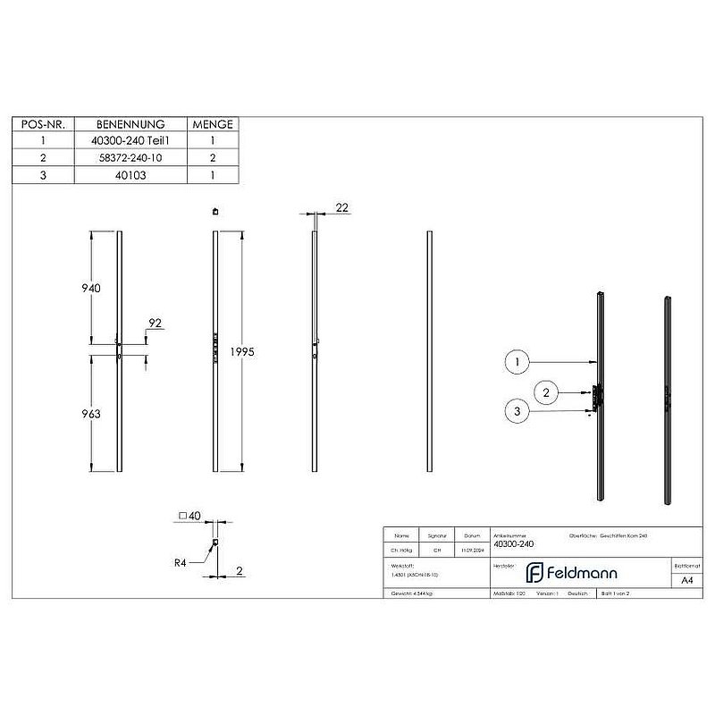 Lock tube incl. lock with 92 mm spacing, 40x40x2.0 smooth, 2000 mm, AISI304