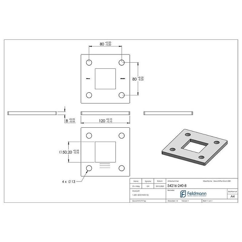 Plaque d'ancrage, 120x120x8mm, avec ponçage longitudinal, V2A