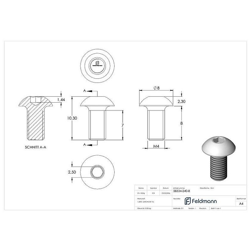 Flat head screw with hexagon socket M4x8, V2A, ISO 7380