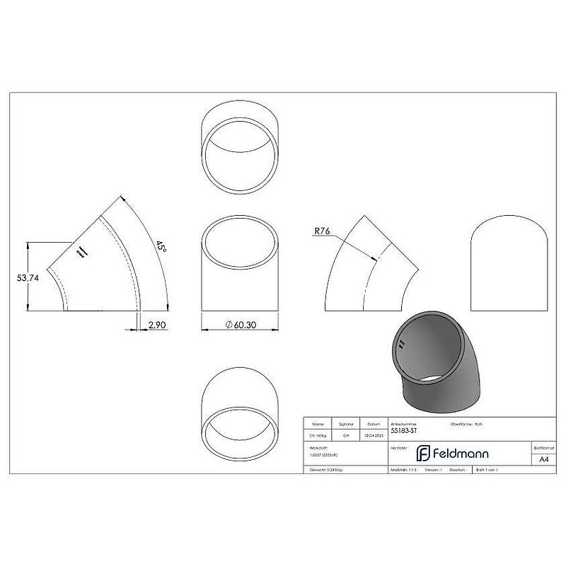 weldin elbow 45°, 60,3 x 2,9mm, 3D