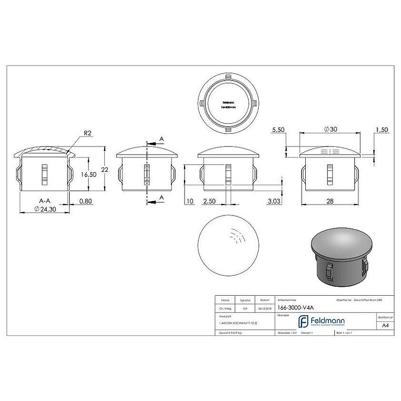 Rohrabschlussstopfen, für Rohr 30,0x1,6 - 2,5mm, V4A