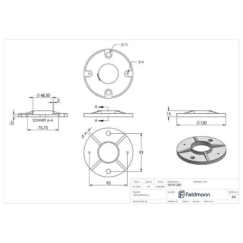 Ankerplatte, Ø 120x8mm, roh, V2A