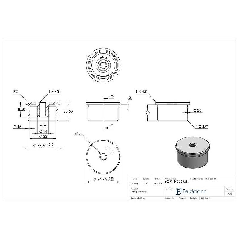 Bouchon pour extrémité de tube à coller avec M8, pour tube 42,4x2,5mm, V2A