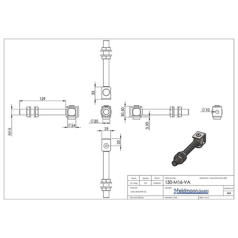 Gate hinge M16 for welding, long thread, AISI304