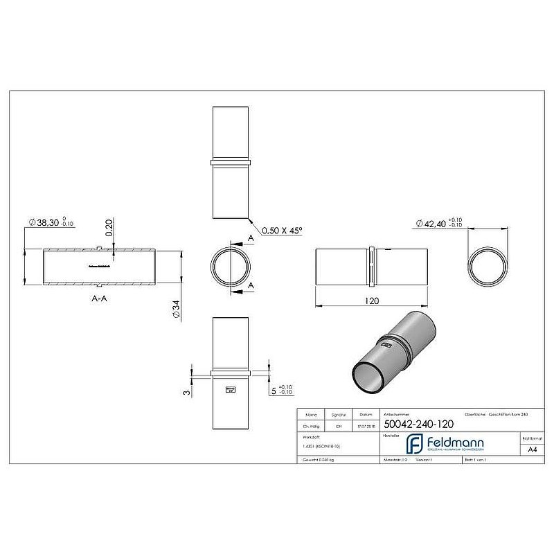 Connecting piece for tube 42.4x2.0mm, AISI304