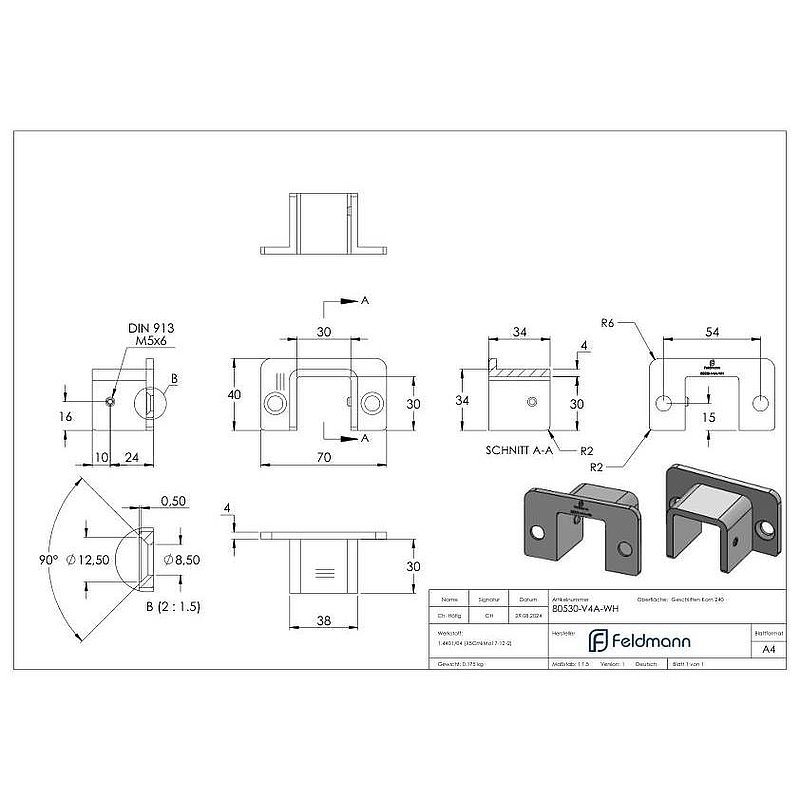 Montagemural pour profilé acier inoxydable en U 80530-XXX, V4A