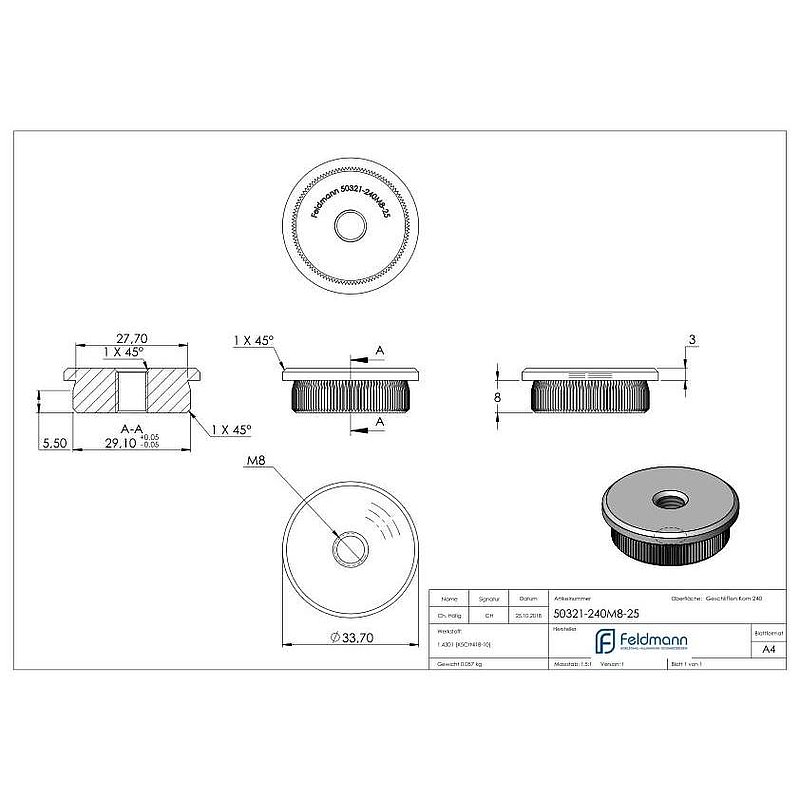 Tube end plug, for tube 33.7x2.5mm, AISI304