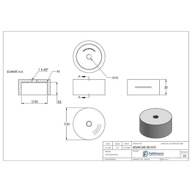 Unterteil für 62mm Glaspunkthalter, T: 30mm, mit M10, V2A
