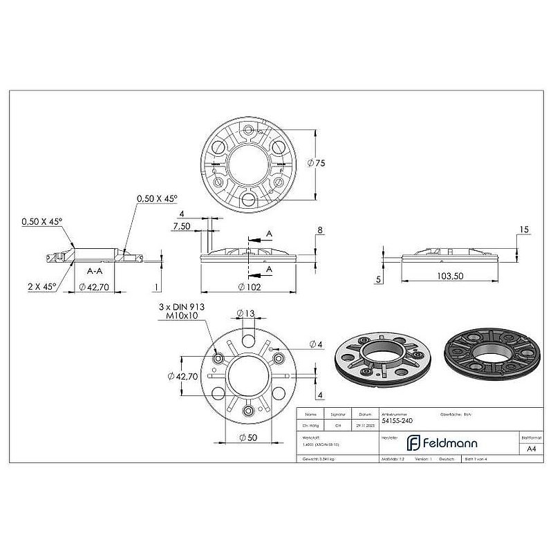 Ankerplatte, Ø 103,5x8mm für 42,4mm Rohr, roh, V2A