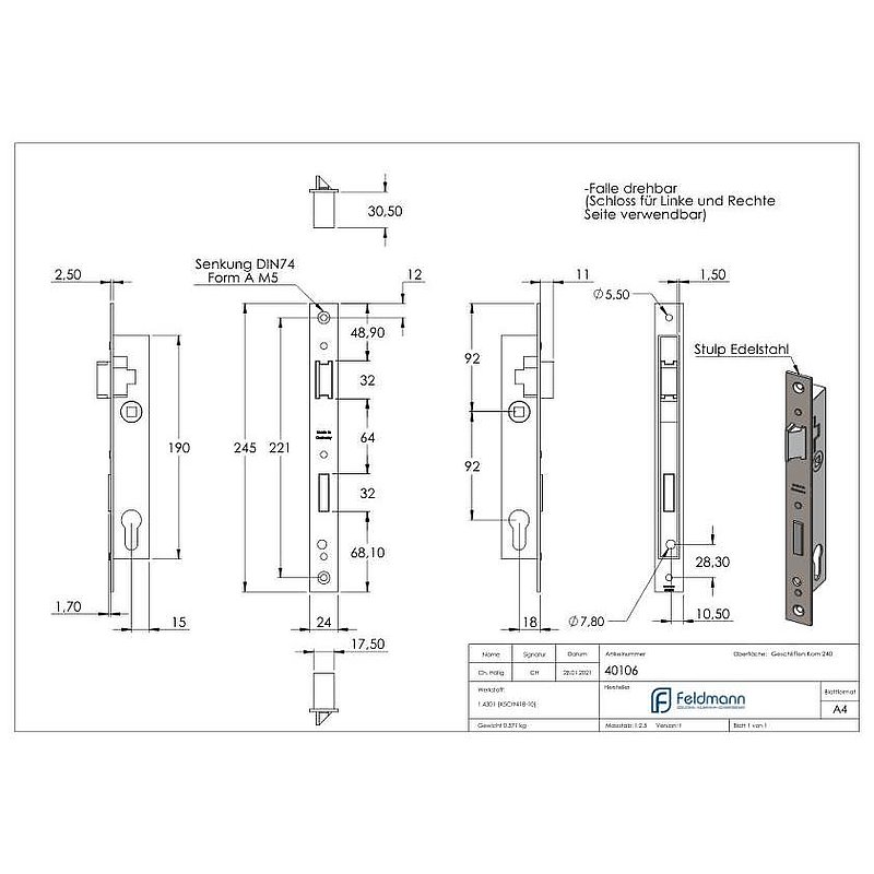 Serrure pour profils tubulaires zingué, entraxe 92 mm zingué, position du cylindre de serrure 18mm