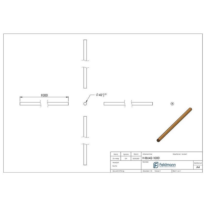 Mains courantes en bois de hêtre, Ø 42,4mm, L: 1000mm