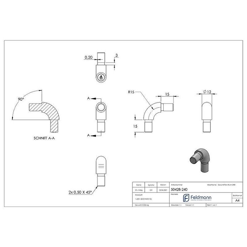 Rohrverbinder 90° für Rohr 12,0x1,5mm, V2A