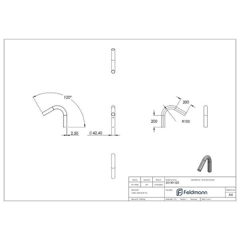 Tube bend 120°, made from 42.4x2.5mm tube, AISI304