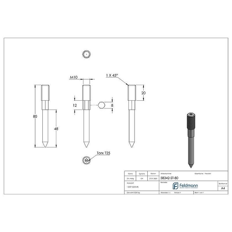 Hanger bolt M10x80mm, galvanised steel