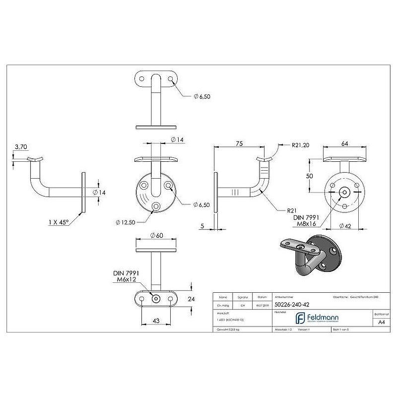 Handrail holder without cable gland for LED handrails, solid material, AISI304